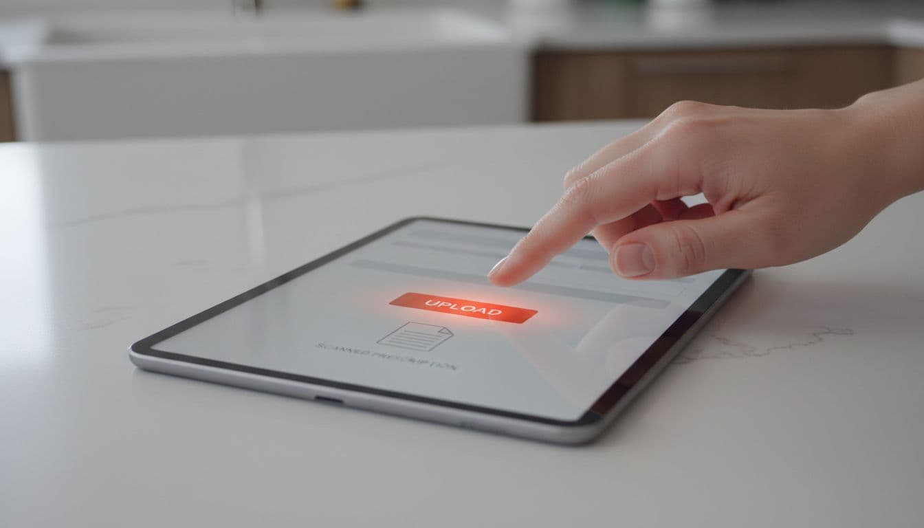 Clean close-up of a hand uploading a scanned prescription document via a secure online form on a tablet screen, with a modern kitchen counter background and soft overhead lighting.