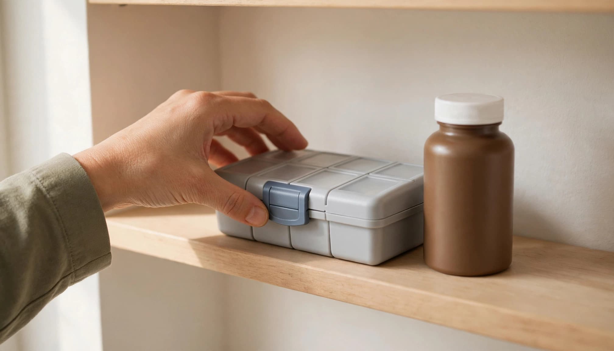 A hand places a locked medication organizer beside a closed bottle on a high shelf.