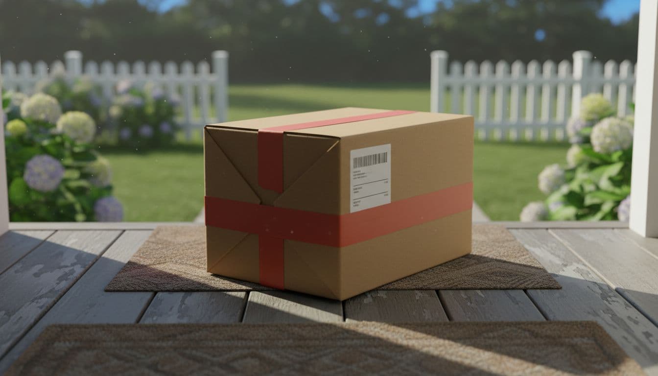 A discreetly packaged prescription medication box with tracking label rests safely on a suburban porch in morning sunlight, featuring a subtle red accent on the tape seal.