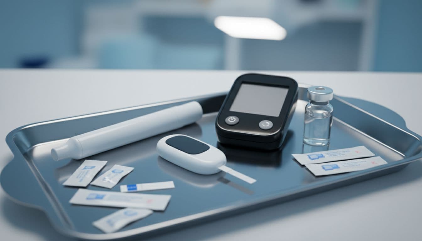 Detailed close-up of a semaglutide injection pen on a clean medical tray next to a blood sugar monitor and glucose meter, captured in soft clinic lighting with realistic product photography style.