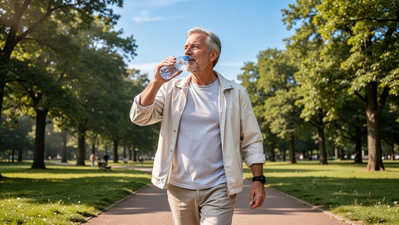 Realistic landscape of a man in his 50s walking on a sunny park path, drinking from a water bottle with a relaxed expression, green trees and blue sky in morning light.