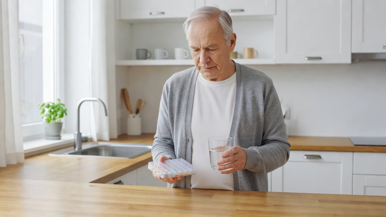 An older adult in a sunlit kitchen preparing to take their daily medication with water.