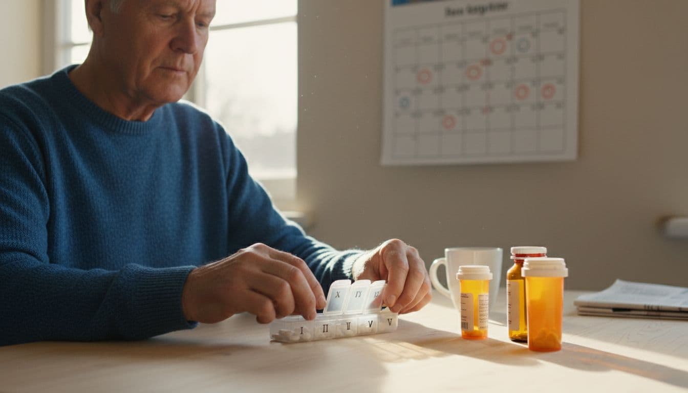 Senior adult arranges pills in weekly organizer at kitchen table with prescription bottles and calendar.