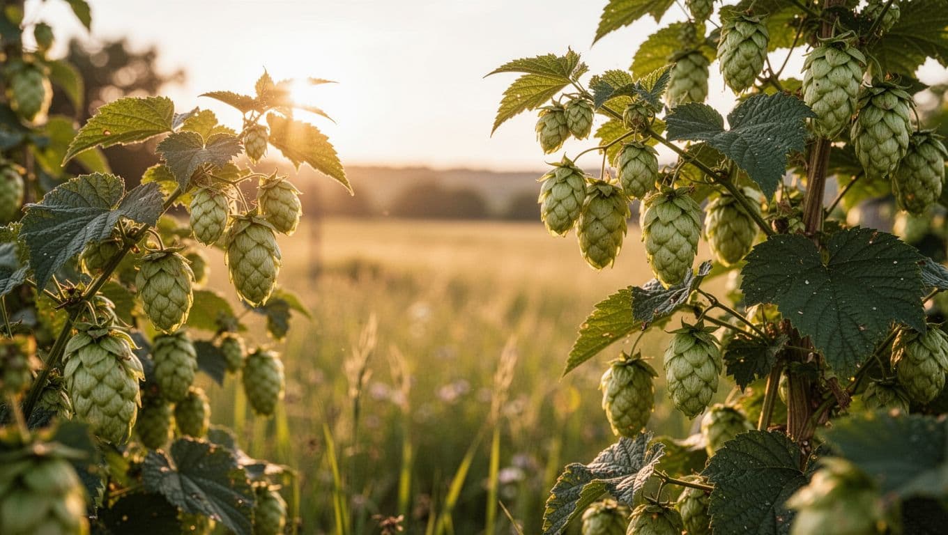 Serene landscape image of hops plants growing in a sunny field, golden hour lighting, green leaves and cones in focus, blurred background meadow.
