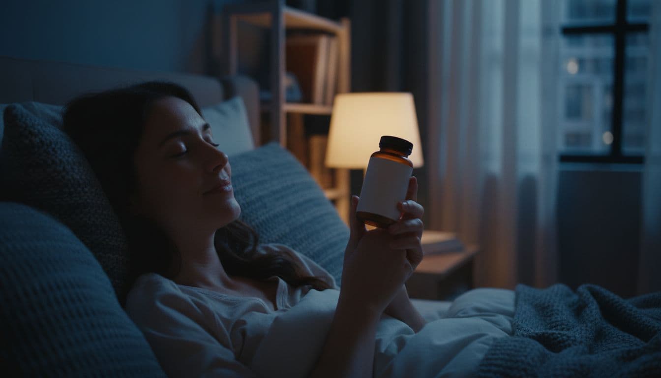 A calm person relaxing in a cozy bedroom at night, holding a magnesium supplement bottle under soft lamp light, with a serene face, cinematic style, strong contrast, dramatic lighting, and cool blue tones.