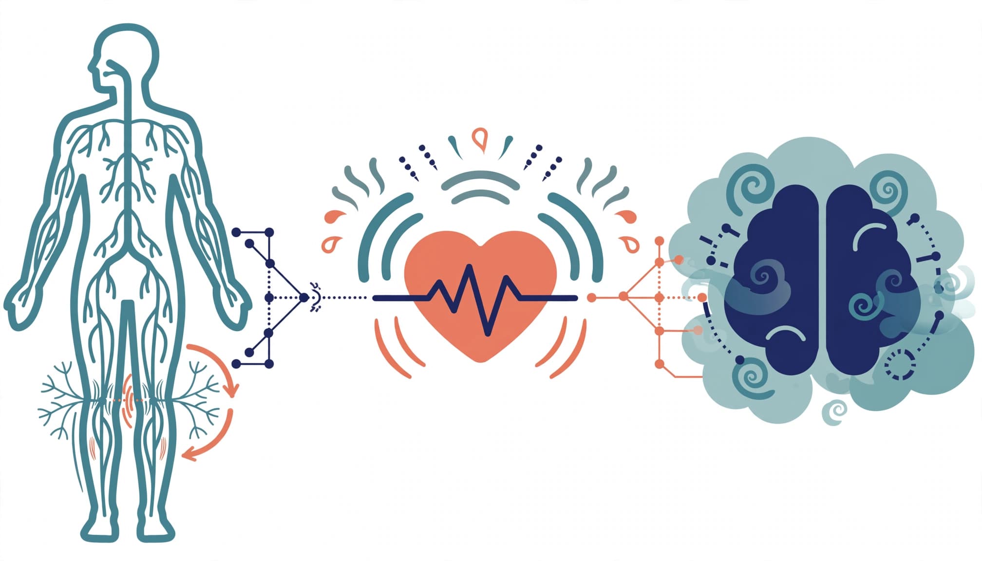 A medical infographic showing a human silhouette, a heart with pulse lines, and a brain in a cloudy motif.