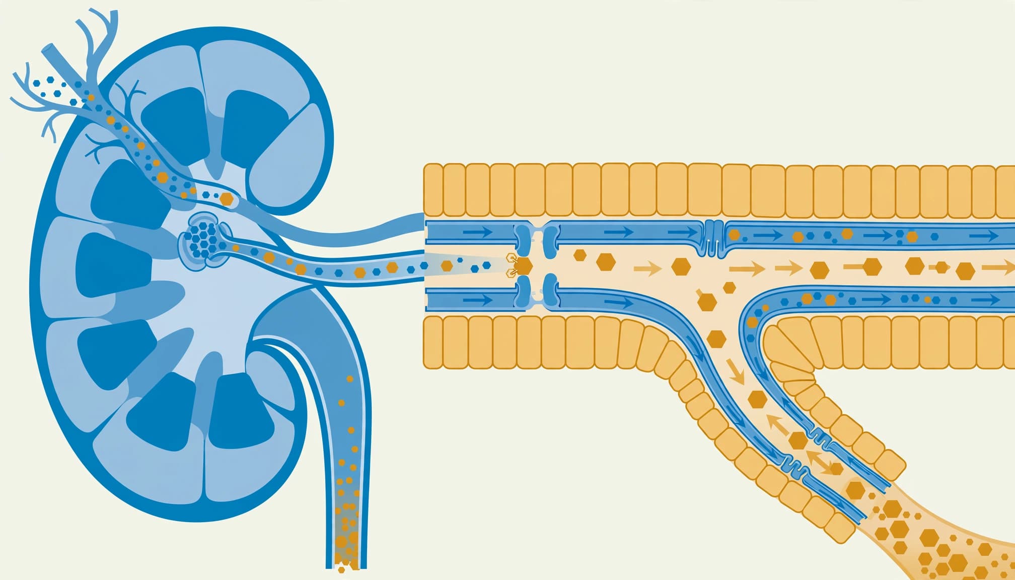Medical infographic showing a cross-section of a kidney and an enlarged nephron with glucose molecules moving through.