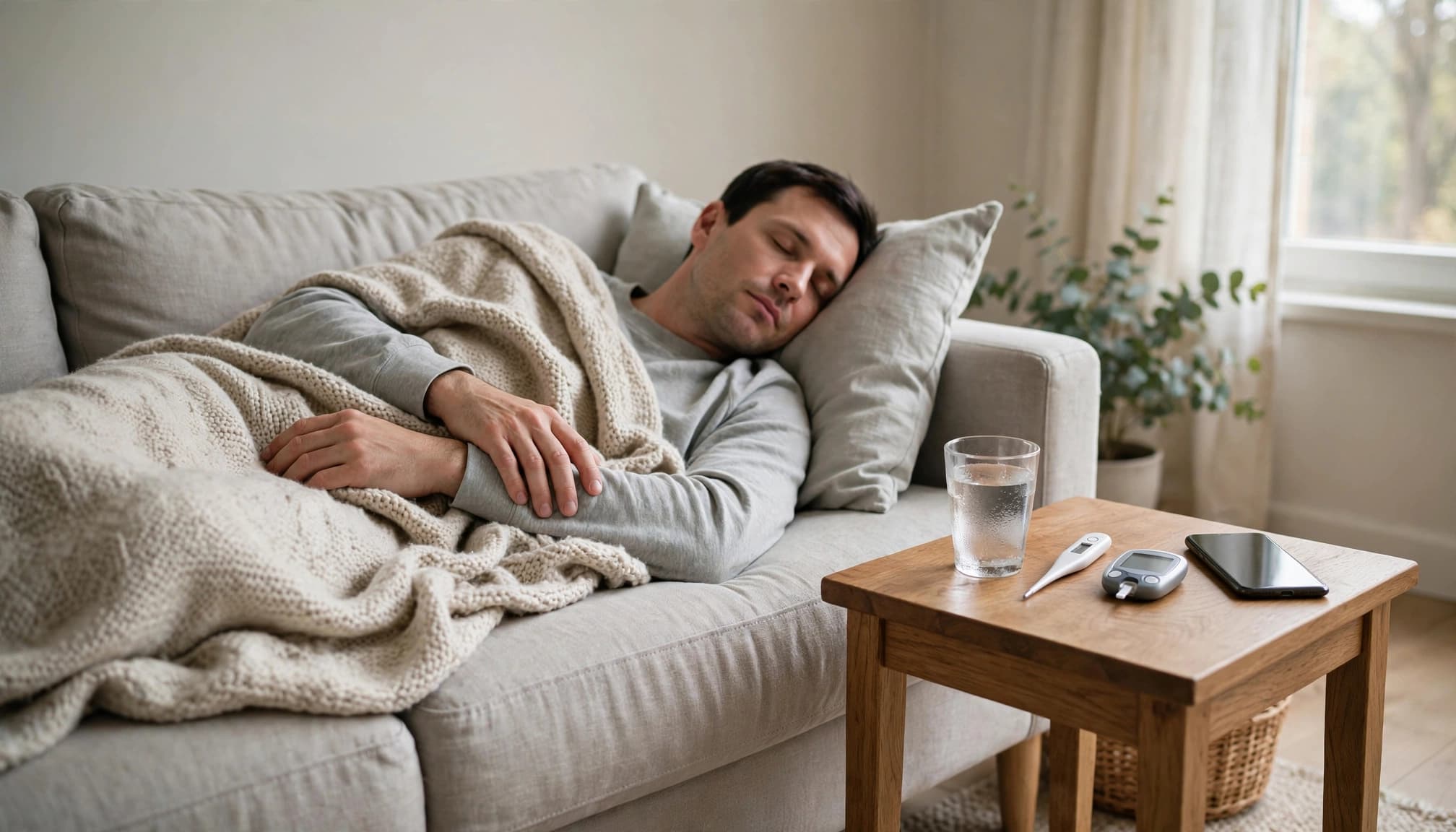 An adult rests under a blanket with health items on a nearby table.