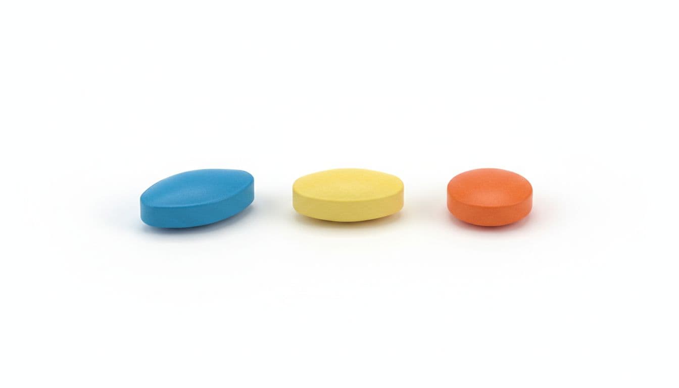Three ED medication tablets side by side on white background: blue diamond sildenafil, yellow almond tadalafil, orange round avanafil, realistic close-up.
