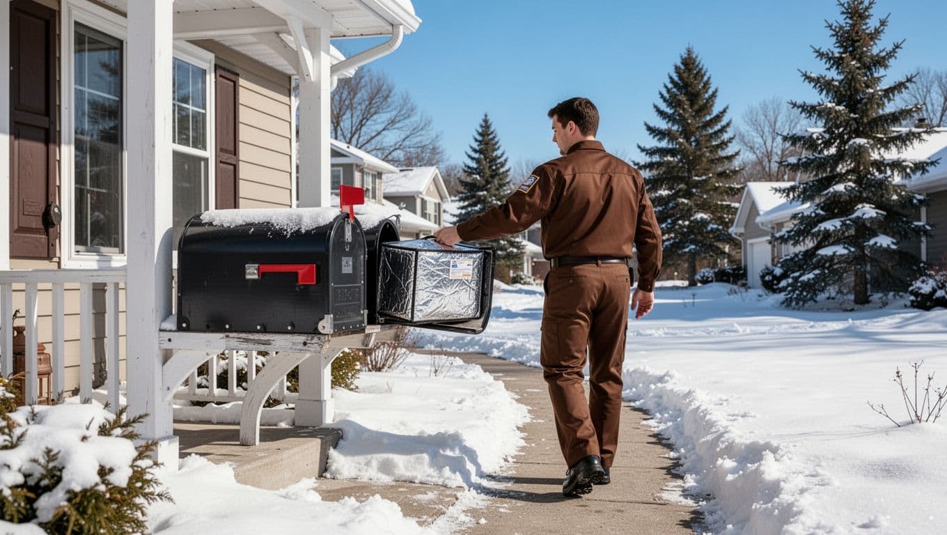 A front porch in a suburban neighborhood on a snowy winter day features a delivery person in brown uniform placing an insulated package into an open mailbox before walking away down the path, with evergreen trees and clear blue sky in the background.