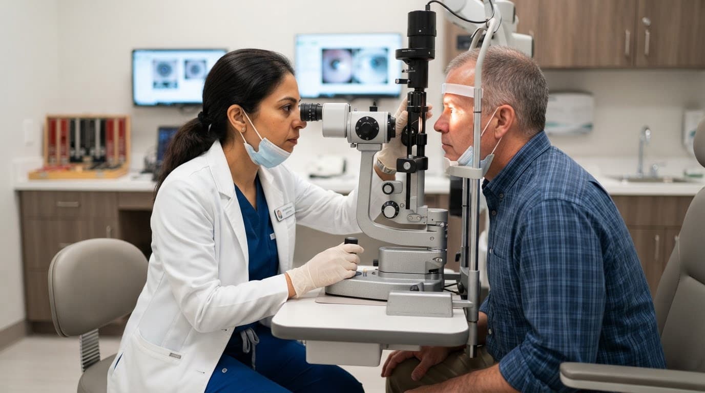 Specialist examining a patient's eye with a slit lamp in a clean clinic.