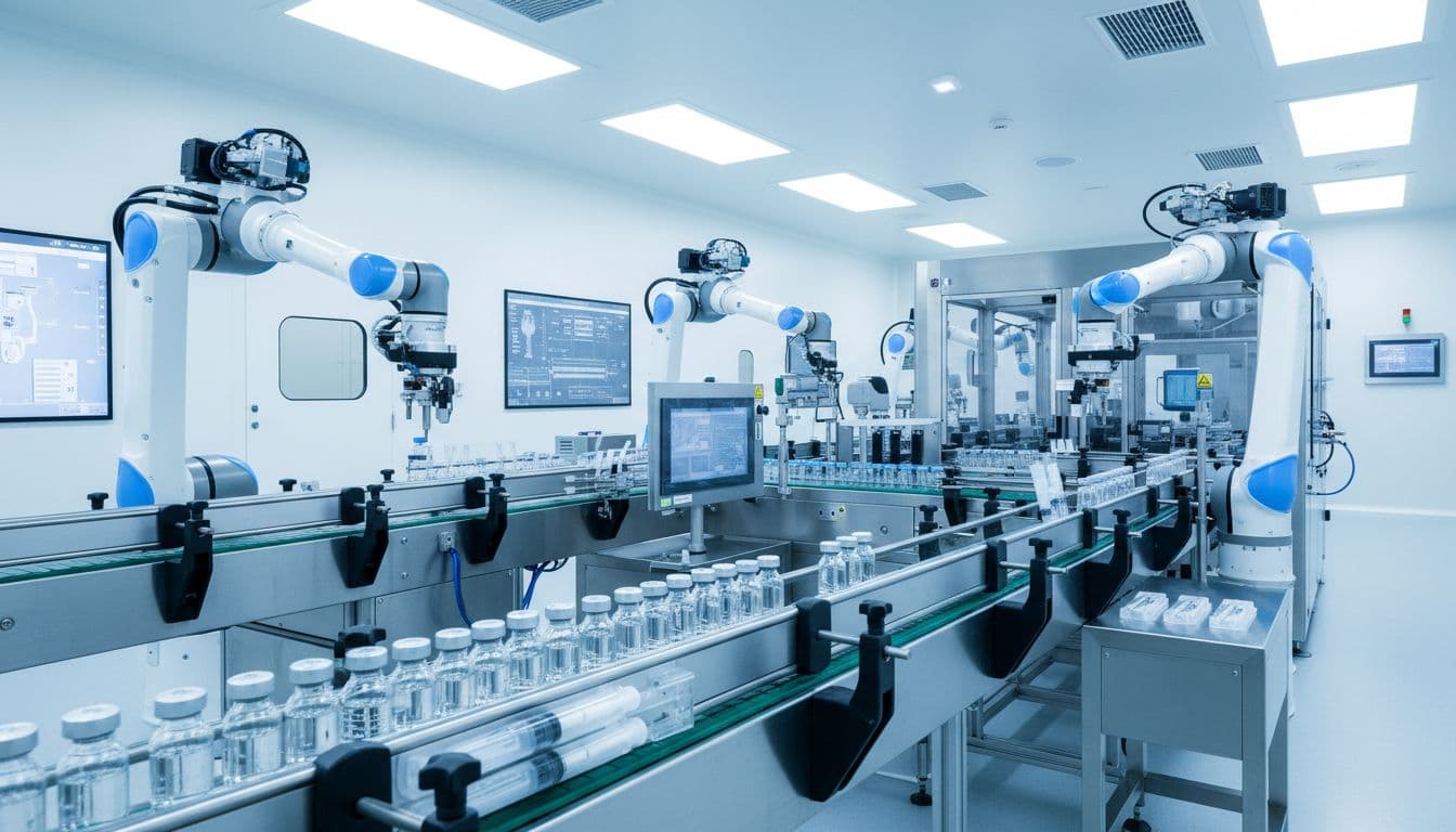 High-tech pharmaceutical production line in a sterile cleanroom featuring injectable vials and syringes on a conveyor belt, operated by complex robotic arms and monitoring equipment under bright white-blue lighting.