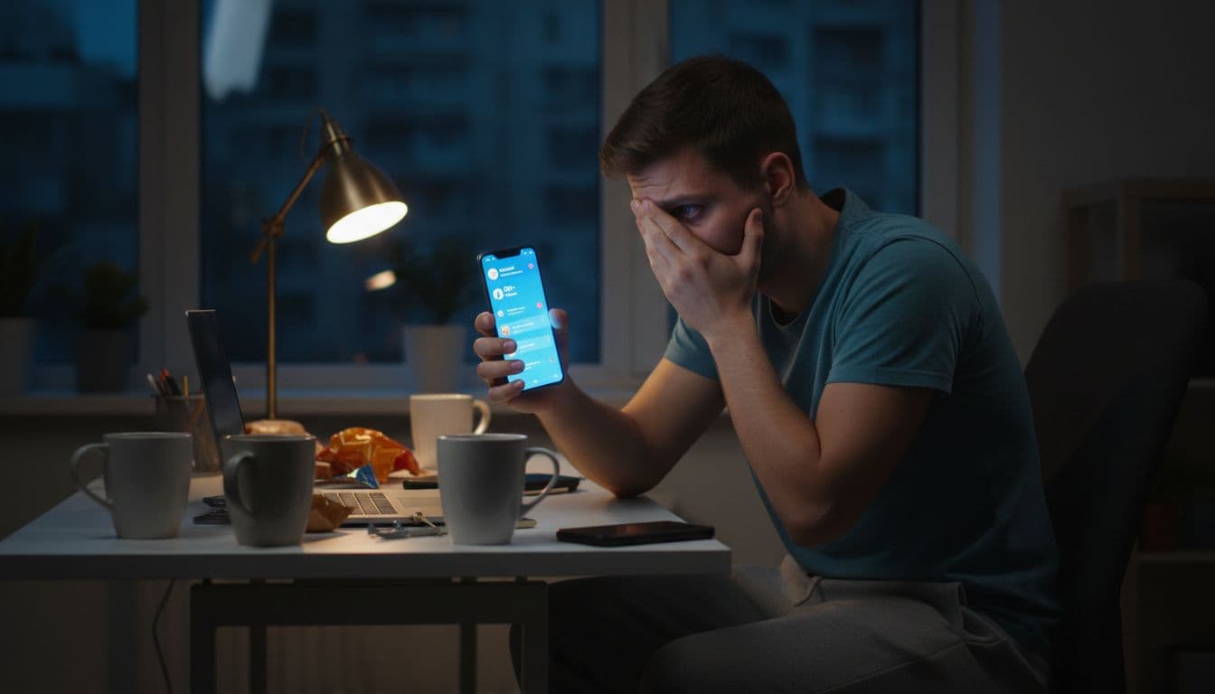 Un joven estresado está sentado en su escritorio de la oficina en casa desordenado con la cabeza entre las manos, mirando ansiosamente las notificaciones del teléfono con poca luz al anochecer.