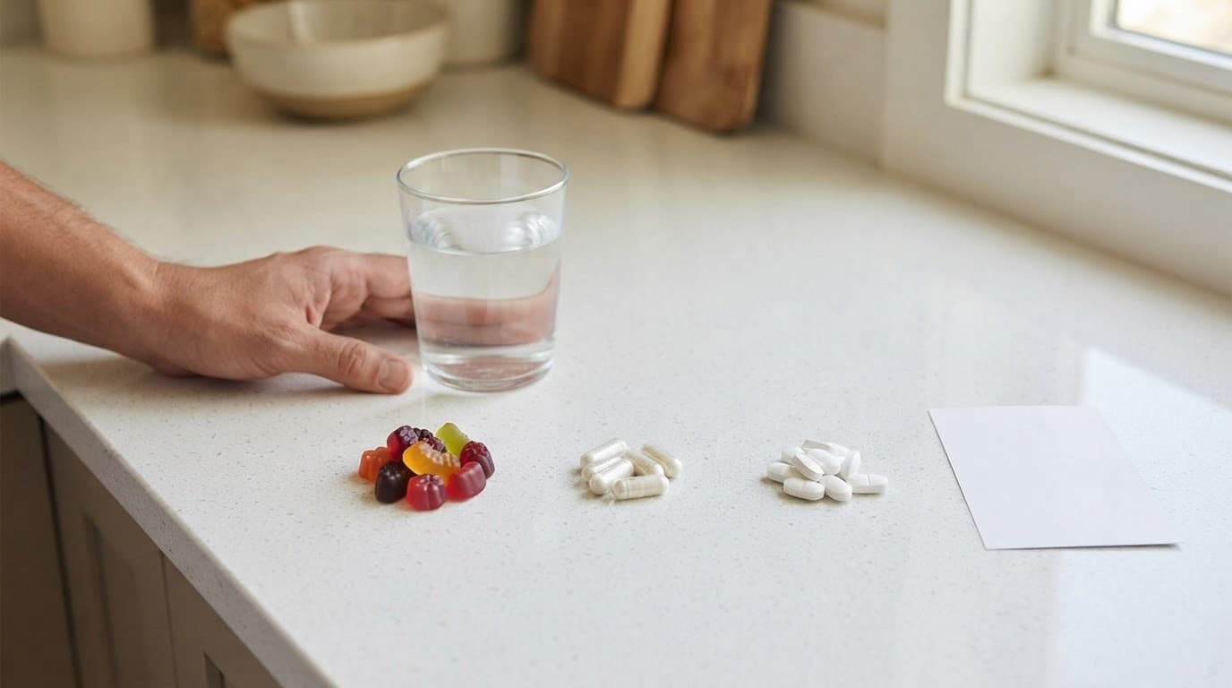 A hand beside gummies, capsules, tablets, water, and a turned-away nutrition card.