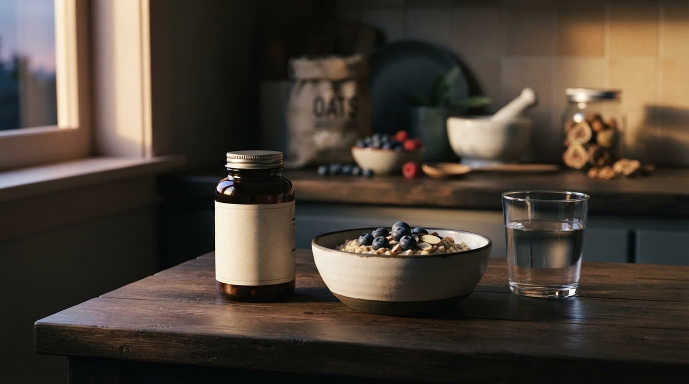 A supplement bottle beside a bowl and water glass, with oats and fruit in the background.