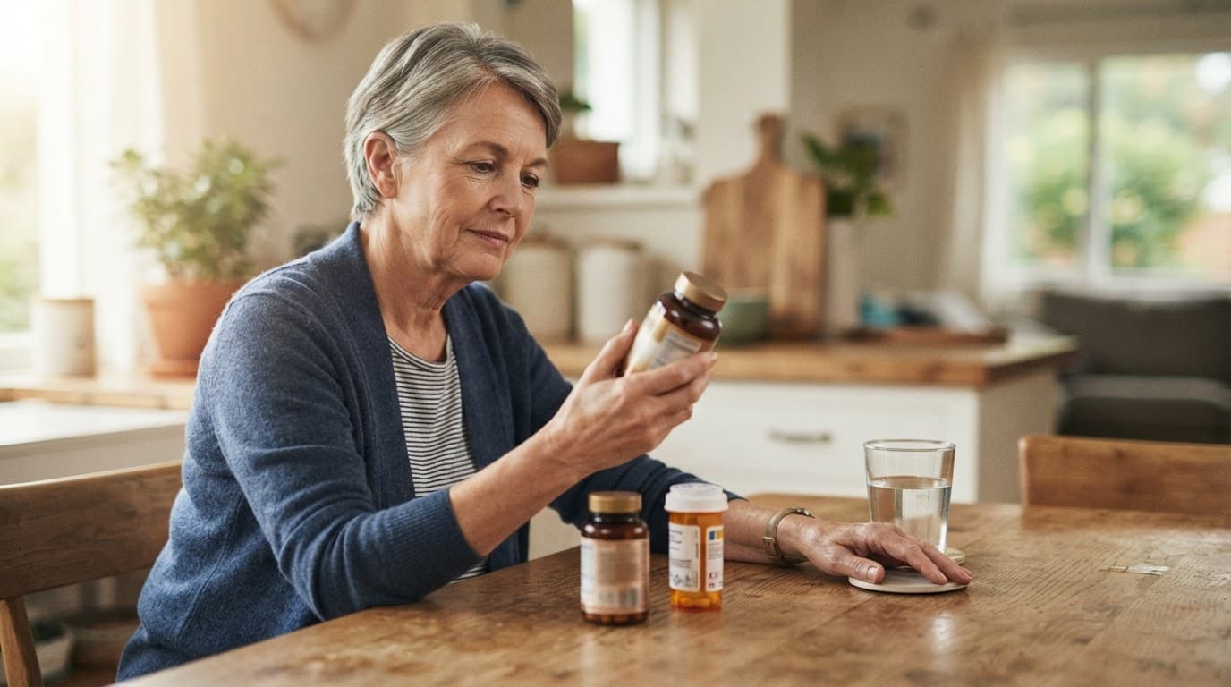 Adult reviewing bottles beside a glass of water at a kitchen table.