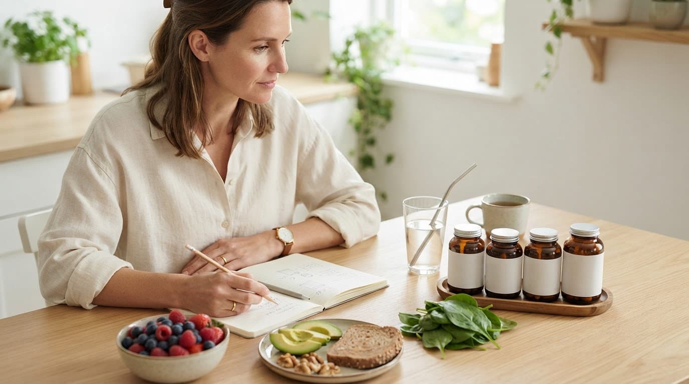 An adult reviews supplements beside whole foods, water, and a notebook.