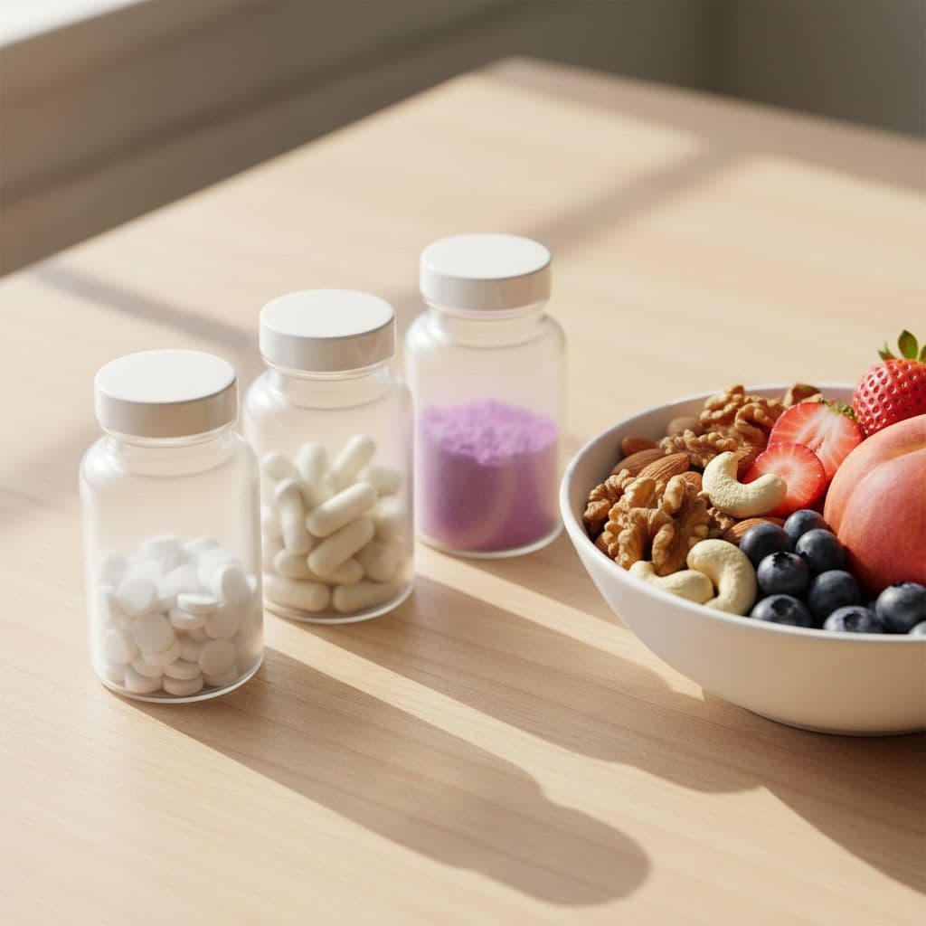 Clean supplement bottles sit neatly on a rustic wooden desk beside a small glass bowl filled with mixed nuts and fresh berries. Soft daylight illuminates the minimalist arrangement from above.