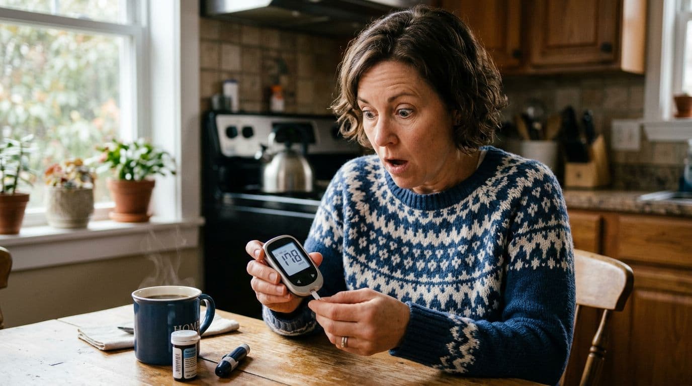 A person in a sunlit morning kitchen checks a blood sugar meter with both hands, showing a surprised expression at a high reading, with a coffee mug nearby.