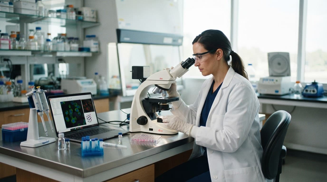 A researcher examines drug samples at a clean laboratory bench.