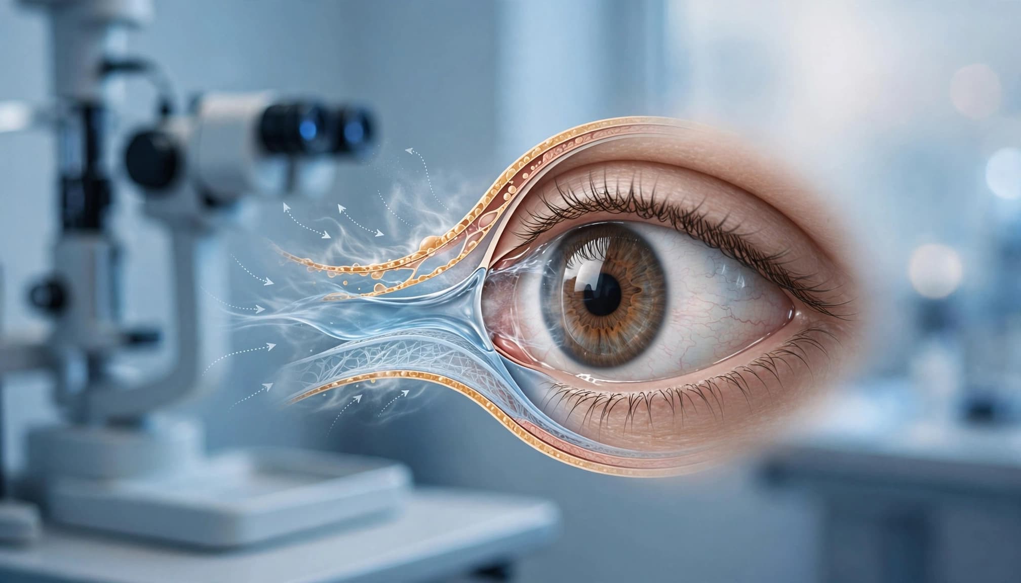 Illustrated eye showing a smooth tear film in an ophthalmology exam room.