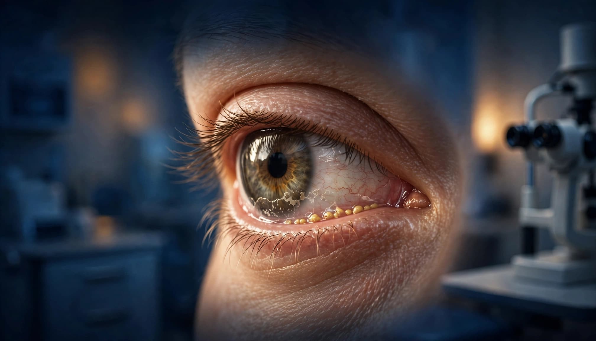 Close-up illustration of an eye with a glossy tear film and visible eyelid glands.