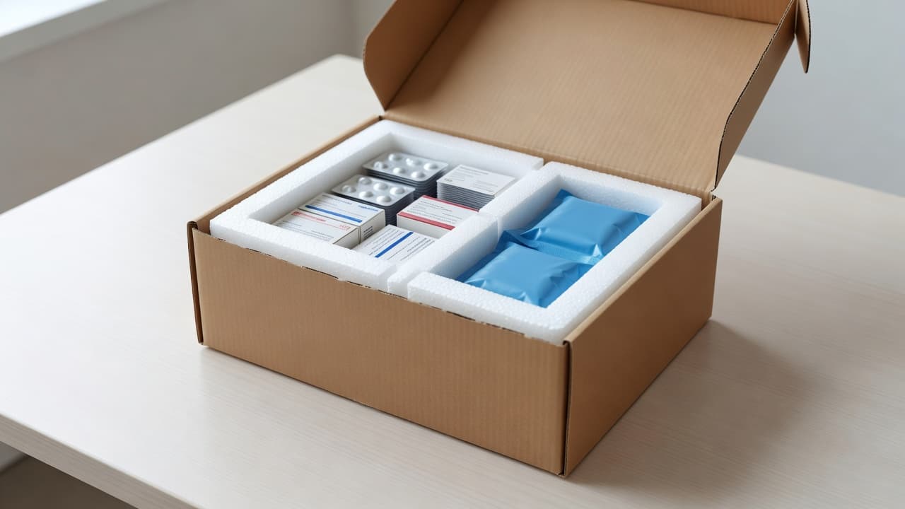 An open cardboard shipping container sits on a polished wooden surface, packed neatly with pharmaceutical boxes, white thermal insulation liners, and blue gel packs for temperature-controlled transit of medical supplies.