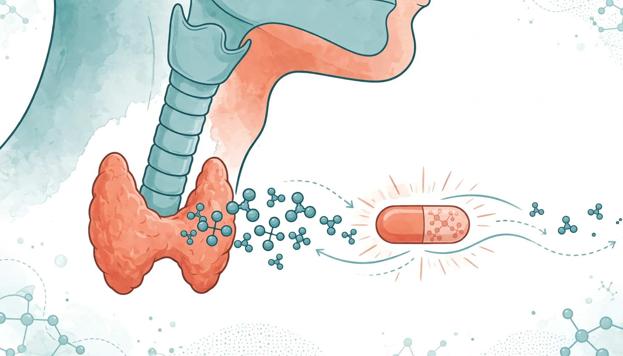 Medical illustration showing the thyroid gland in the neck with hormone molecules and a pill.
