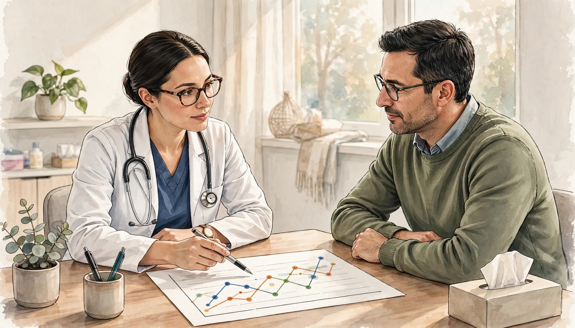 A clinician reviews a chart with a patient in a bright clinic.