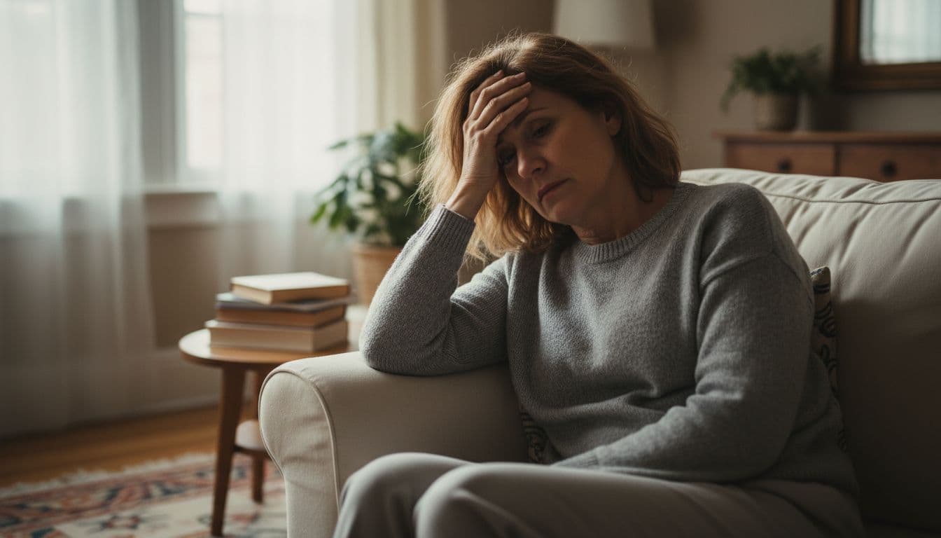 Middle-aged patient sits weakly on living room sofa, hand on forehead, soft daylight illuminating fatigued face.