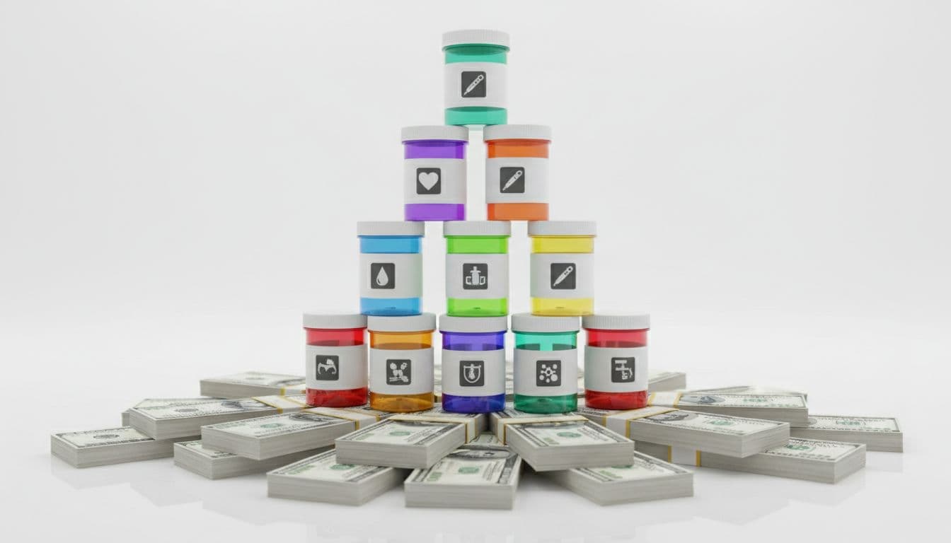 Colorful generic prescription drug bottles for blood thinners, diabetes, heart, and cancer treatments stacked in a top 10 pyramid on a white surface, with US dollar bills emerging from the base, realistic studio photography.