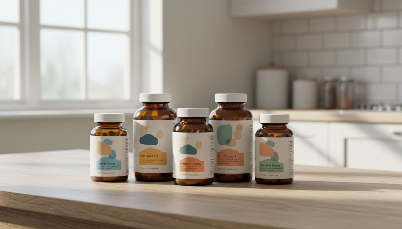 Five bottles of iron supplements and prenatal vitamins on a wooden kitchen table in natural daylight.