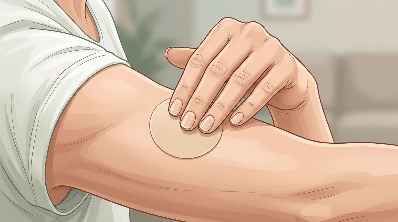 An illustrated close-up shows a hand applying a round transdermal patch to an upper arm.