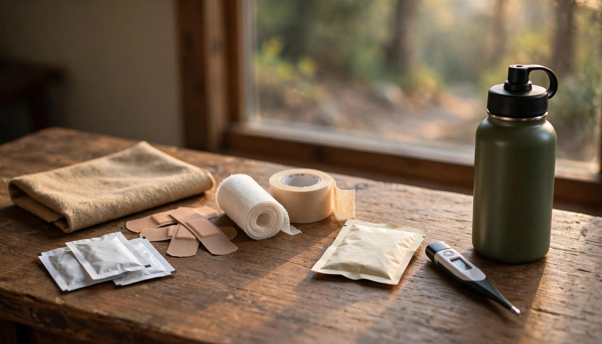 Blister-care and hydration supplies arranged on a wooden table beside one water bottle.