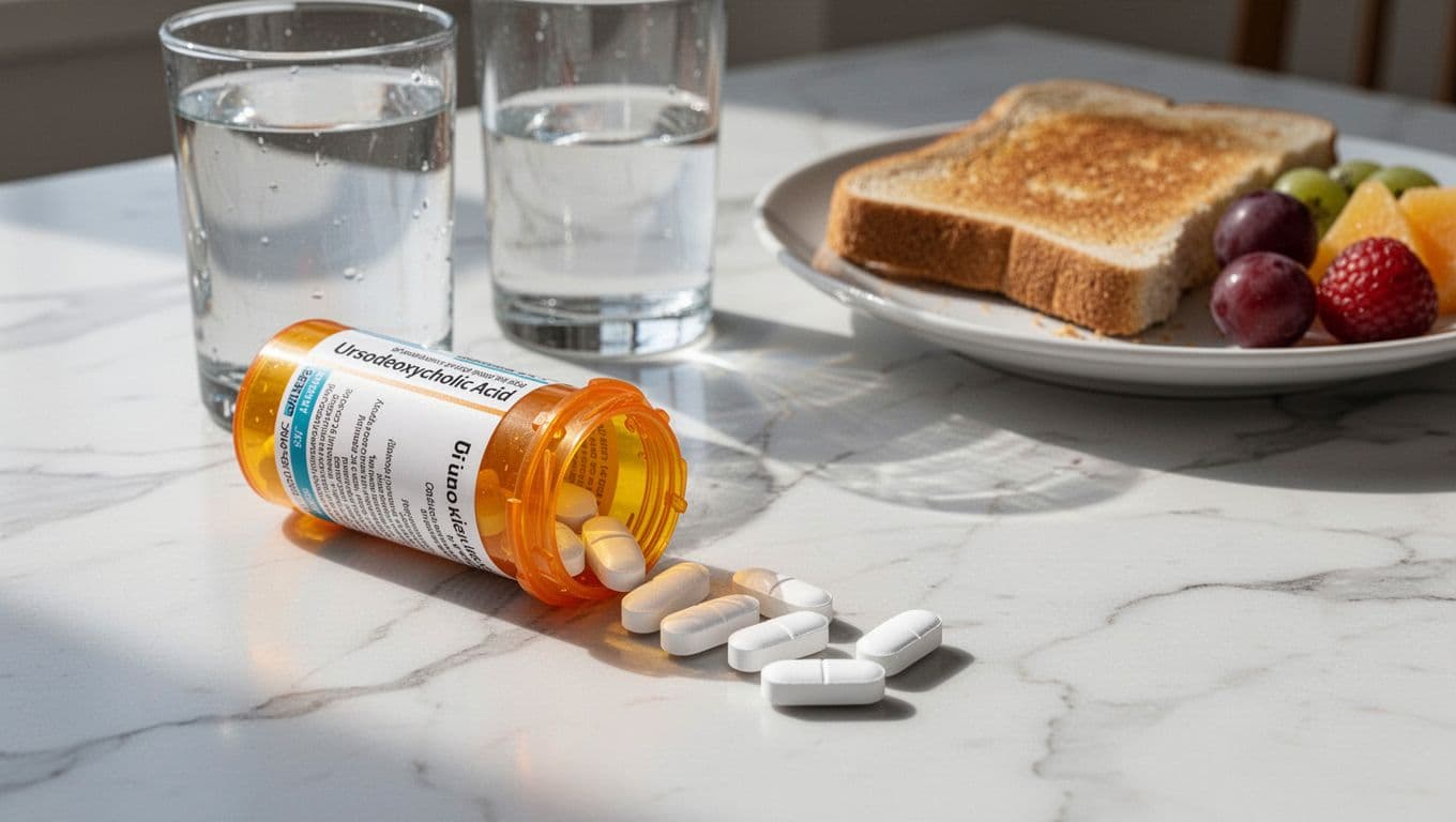 Several white oval ursodeoxycholic acid tablets spill gently from an orange prescription bottle onto a clean white marble surface, beside a glass of water and a plate of breakfast food like toast and fruit, in morning sunlight.