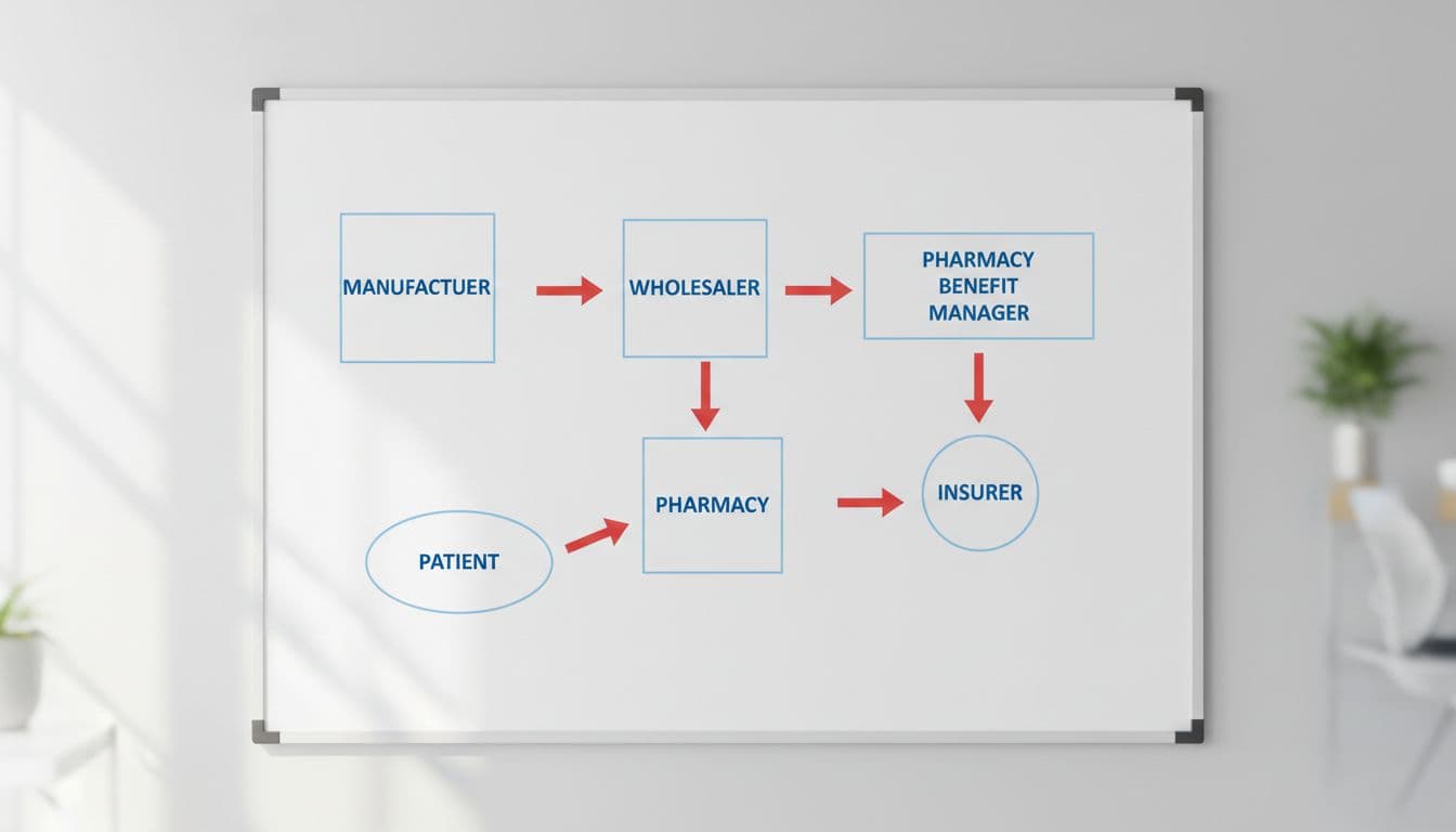 Illustration of the US drug supply chain featuring manufacturer, wholesaler, pharmacy benefit manager, insurer, pharmacy, and patient in a simple flowchart style on a whiteboard. Professional infographic with red-accented arrows connecting roles in a clean office setting.