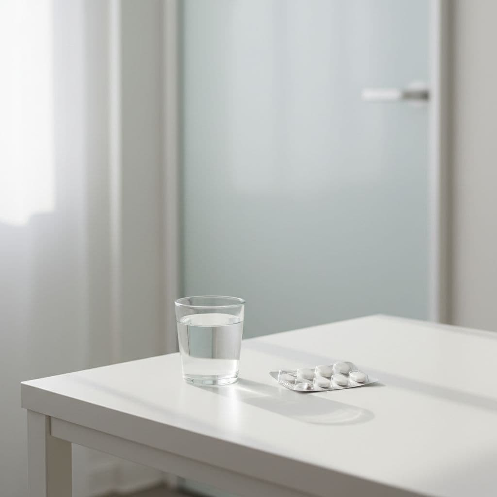 A blister pack of pills and a glass of water sit on a clean, white medical surface.