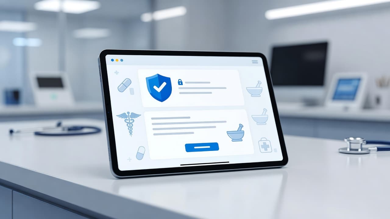 A sleek digital tablet displays a professional pharmacy interface against a soft blue background. Subtle medical iconography is arranged behind the device, emphasizing a secure and clinical environment for patient healthcare.