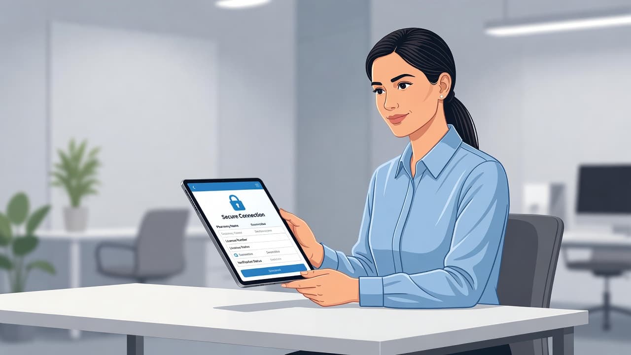 A person in a clean office environment reviews medical data on a tablet. The bright blue and white interface displays secure verification symbols, highlighting a calm and trustworthy digital healthcare atmosphere.