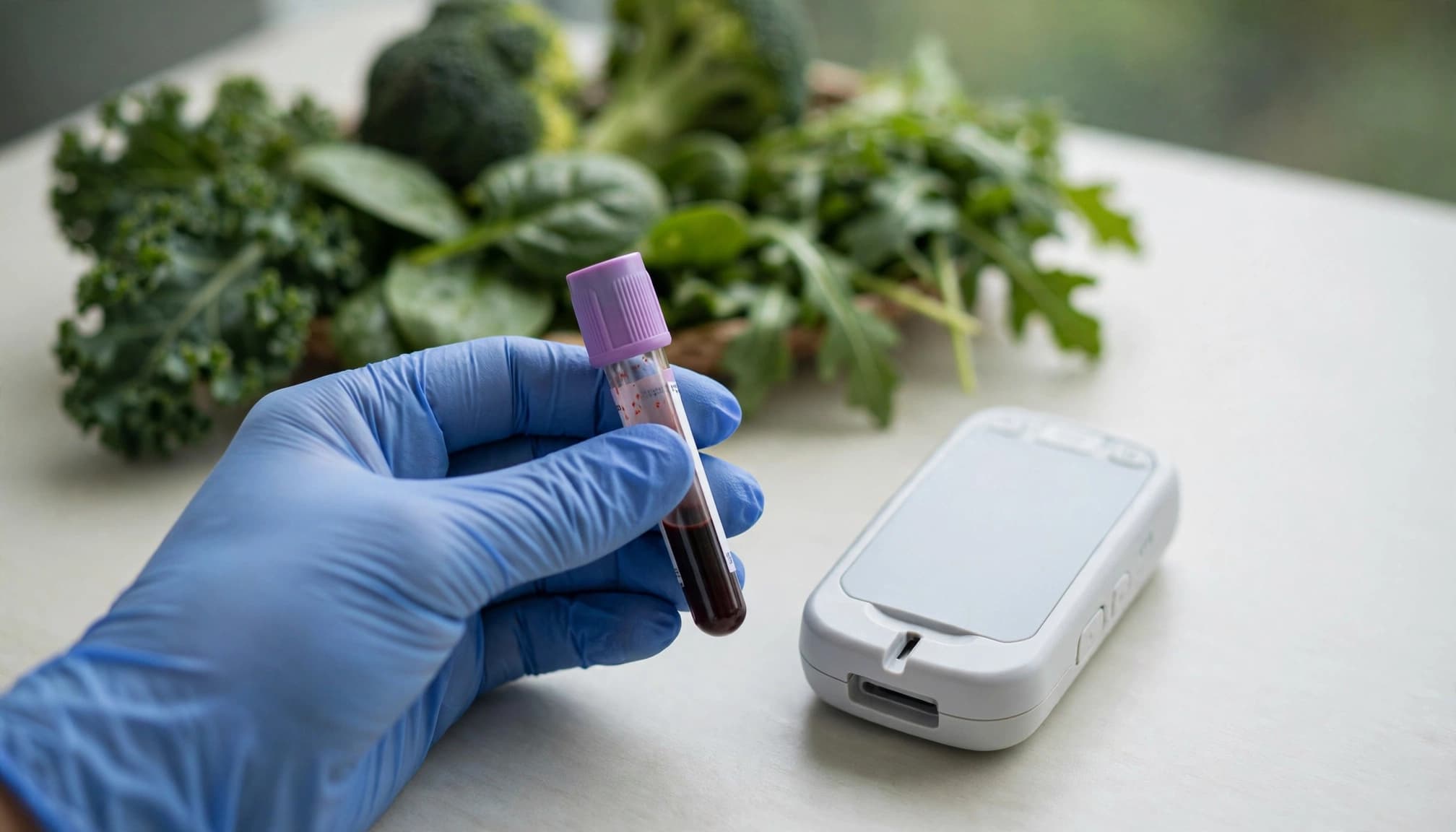 A gloved hand holds a blood sample tube beside an INR device, with leafy greens in the background.