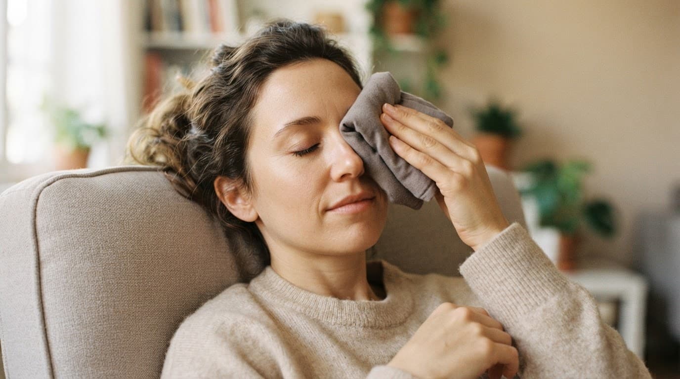 Person holding a warm compress over closed eyes indoors.