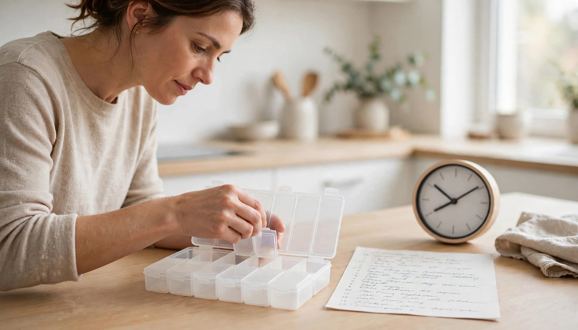 Caregiver arranging a pill organizer beside a medication list and clock.