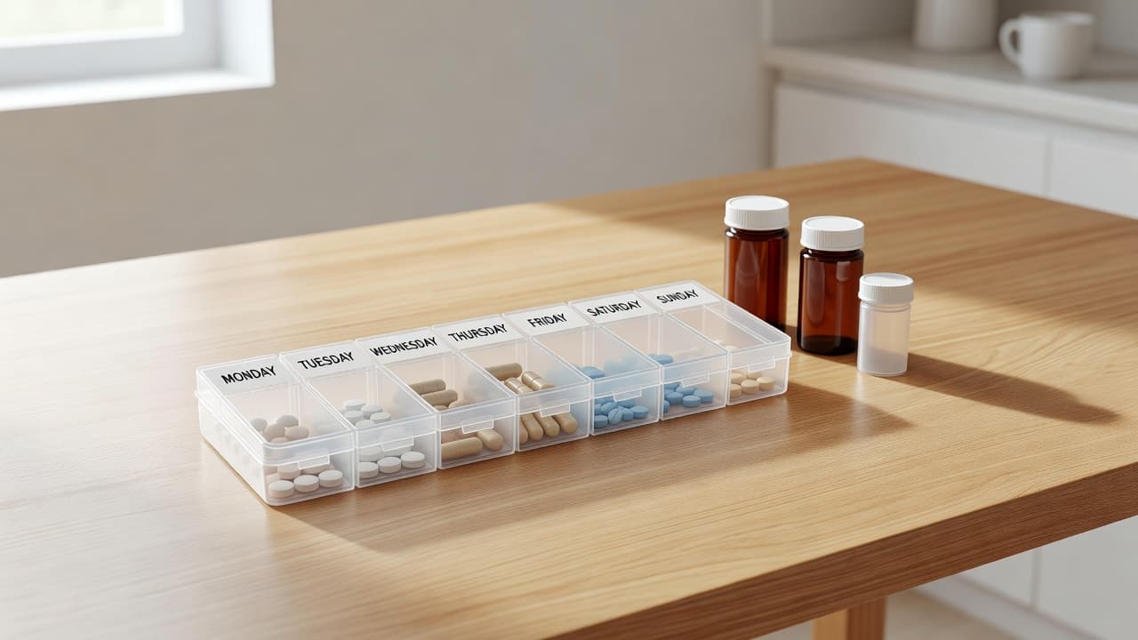 A weekly pill organizer and prescription bottles on a wooden table.