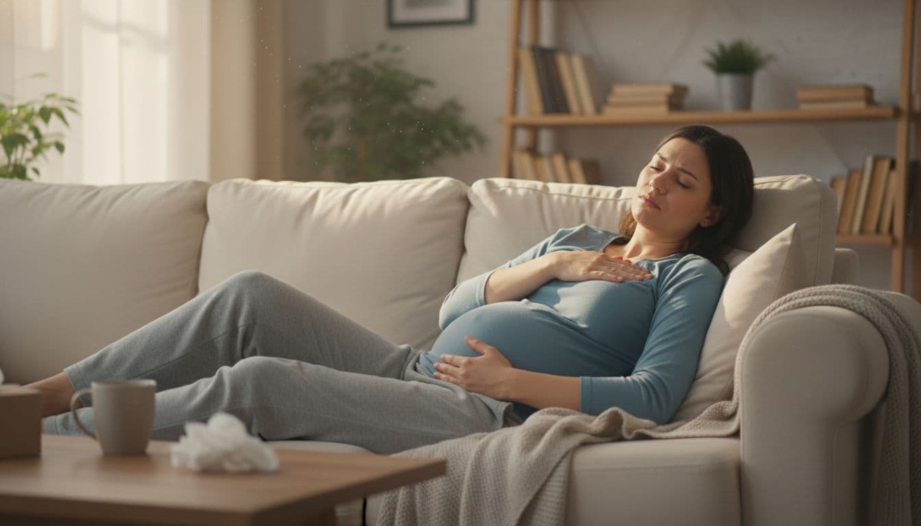 A single tired pregnant woman lies on a couch in a cozy living room with afternoon light, hand on sore breasts, expressing nausea and fatigue during peak symptoms in weeks 7-8.