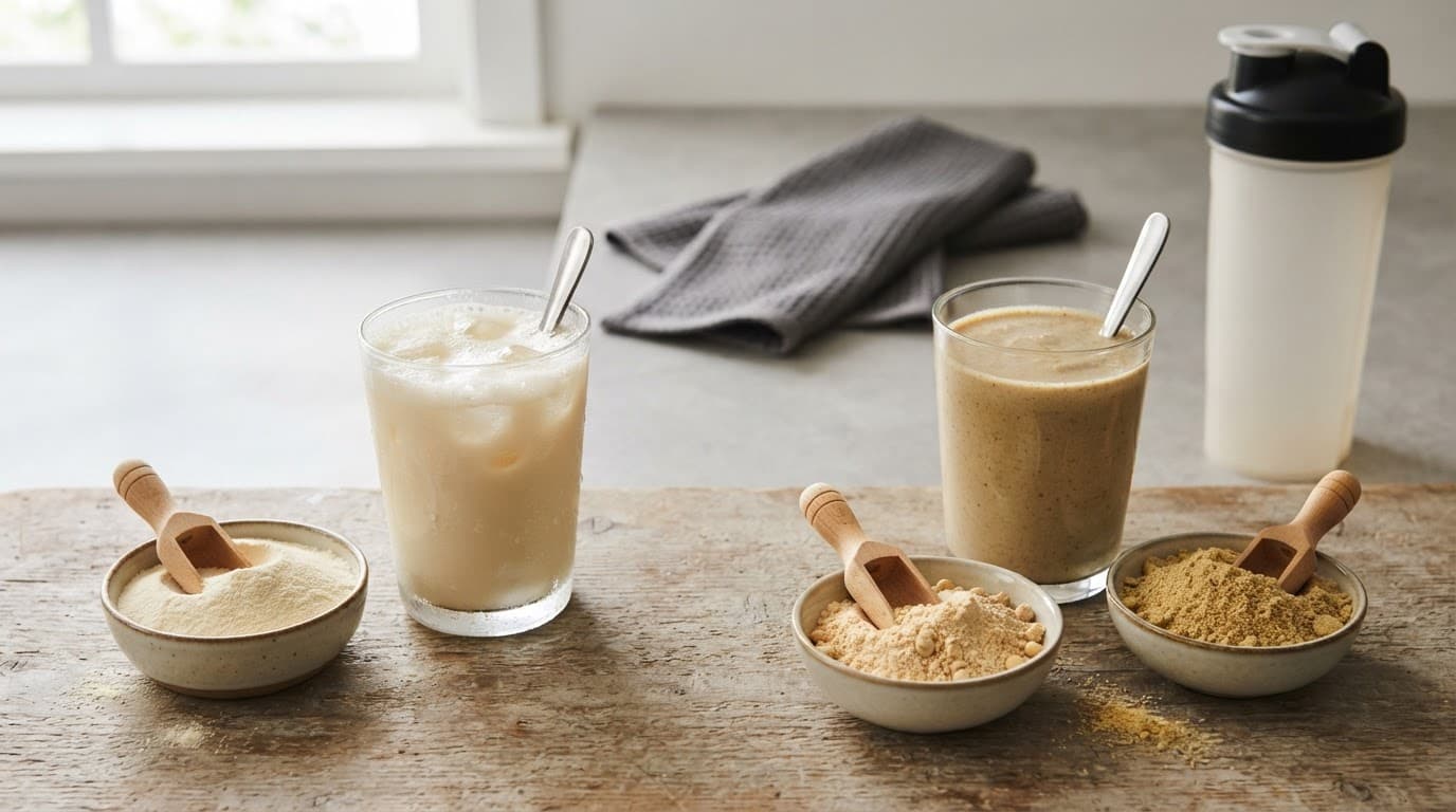 Two protein shakes with small bowls of whey and plant powders on a kitchen counter.