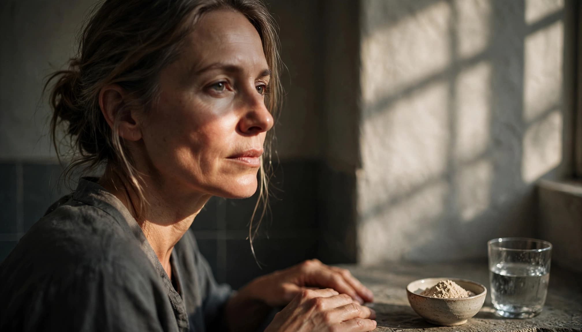 Woman in a bathroom with sunlight on her face, collagen powder, and water nearby.