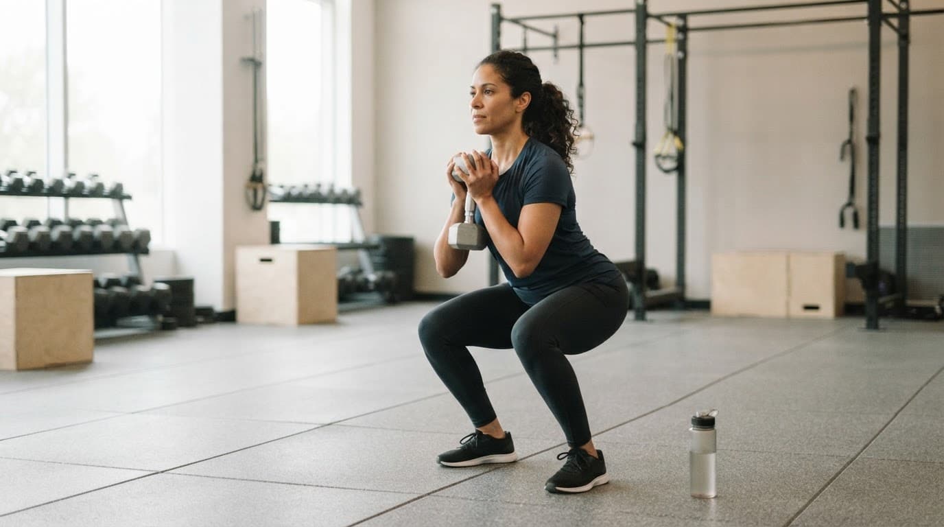 Woman doing a dumbbell exercise in a bright gym beside a water bottle.