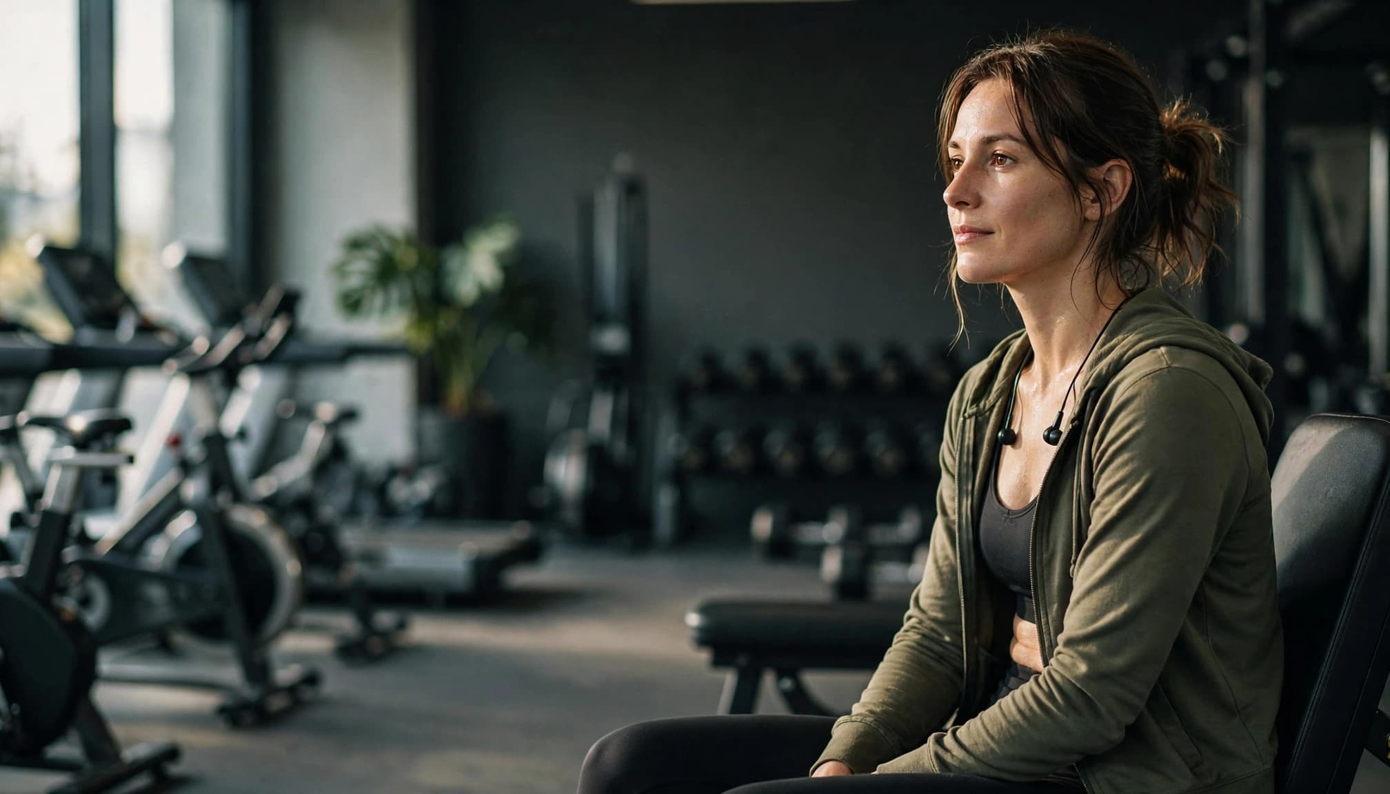 A woman in athletic clothing sitting on a gym bench, resting after a workout.