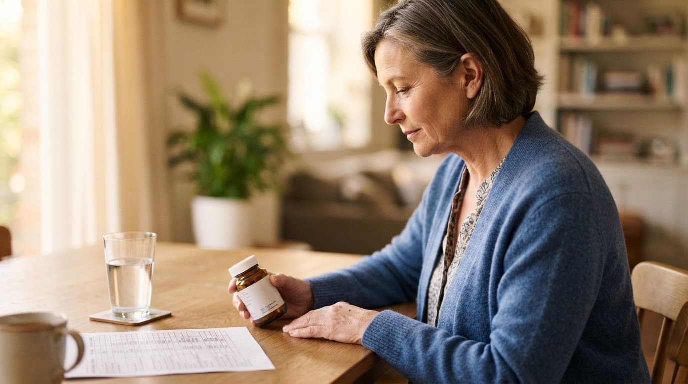 Woman reviewing a supplement container beside water and a medication schedule.