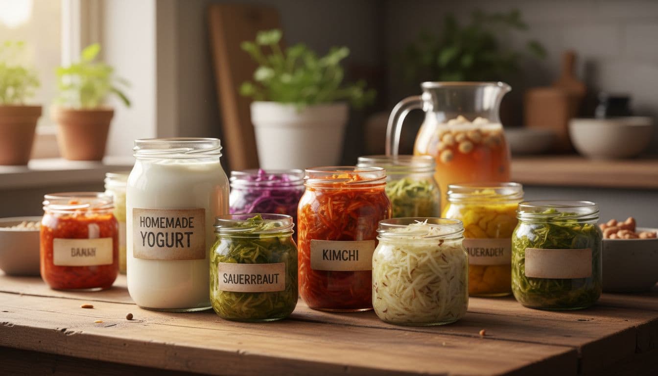 Glass jars of yogurt, sauerkraut, and kimchi on a wooden table.